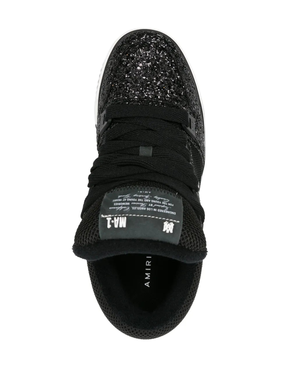 Black glitter lace-up sneakers with tongue label and AMIRI branding