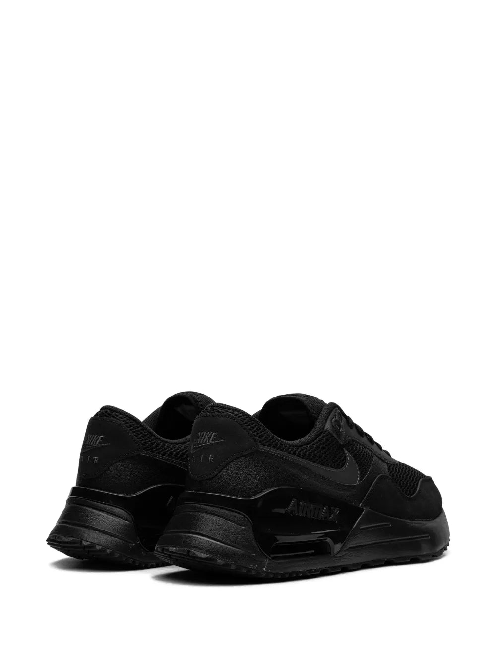 Black running sneakers, rear/side view with sculpted heel and Air Max window
