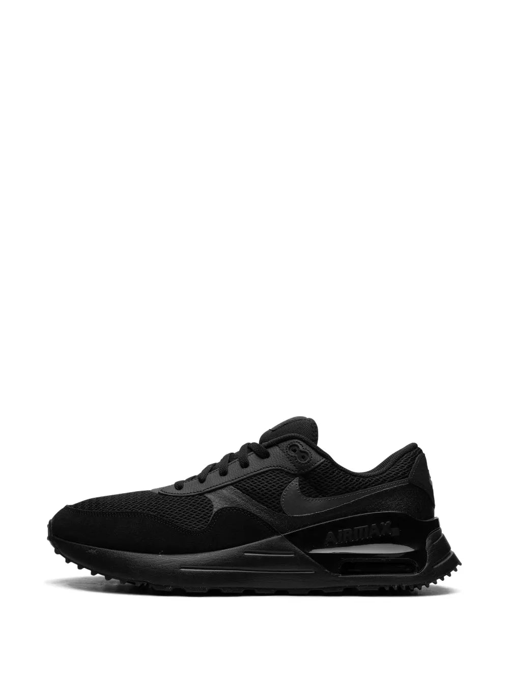 Black lace-up running sneakers, front/side view with textured sole and Air unit