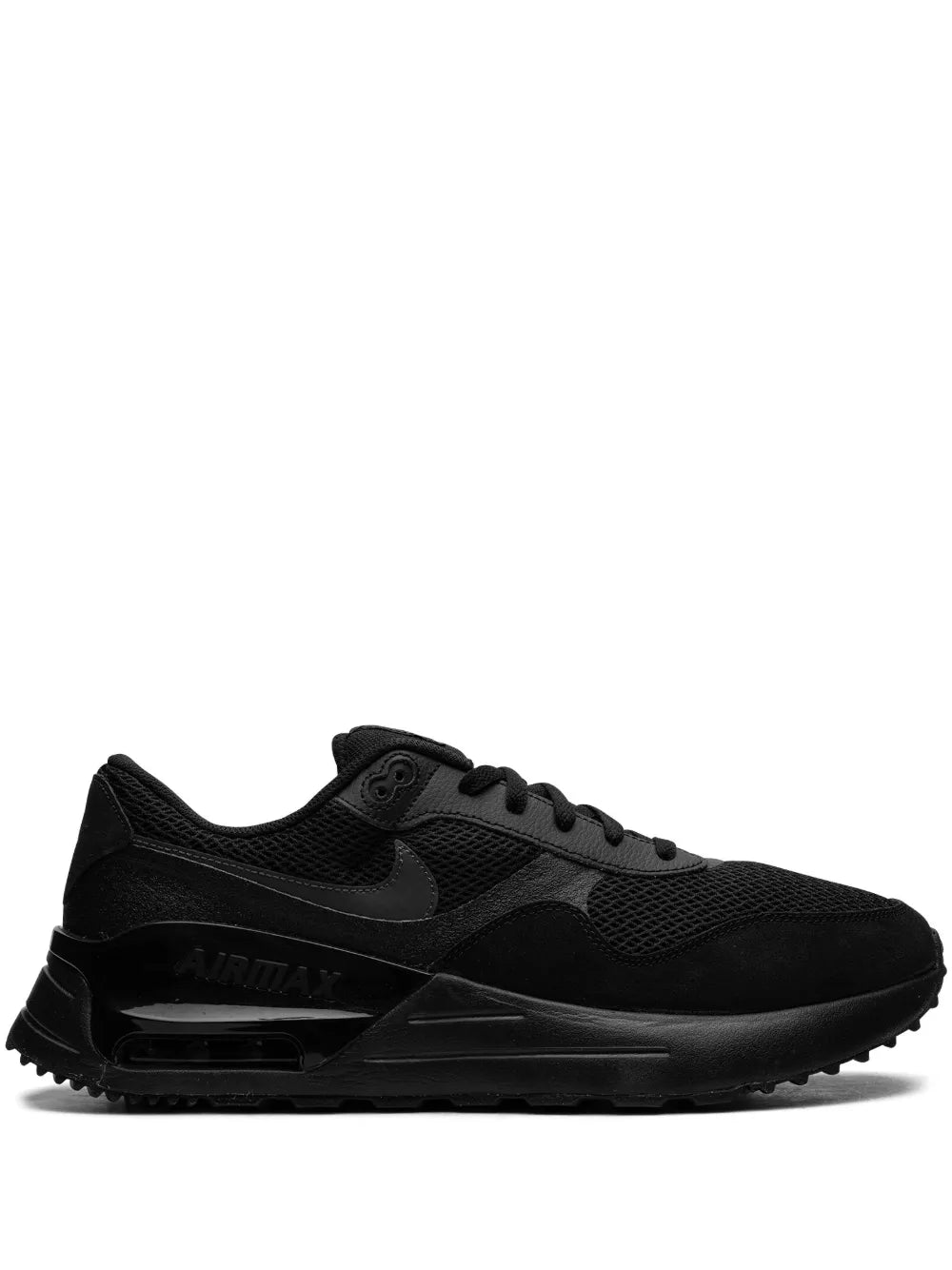 Black lace-up running sneakers with mesh upper and visible Air Max heel unit