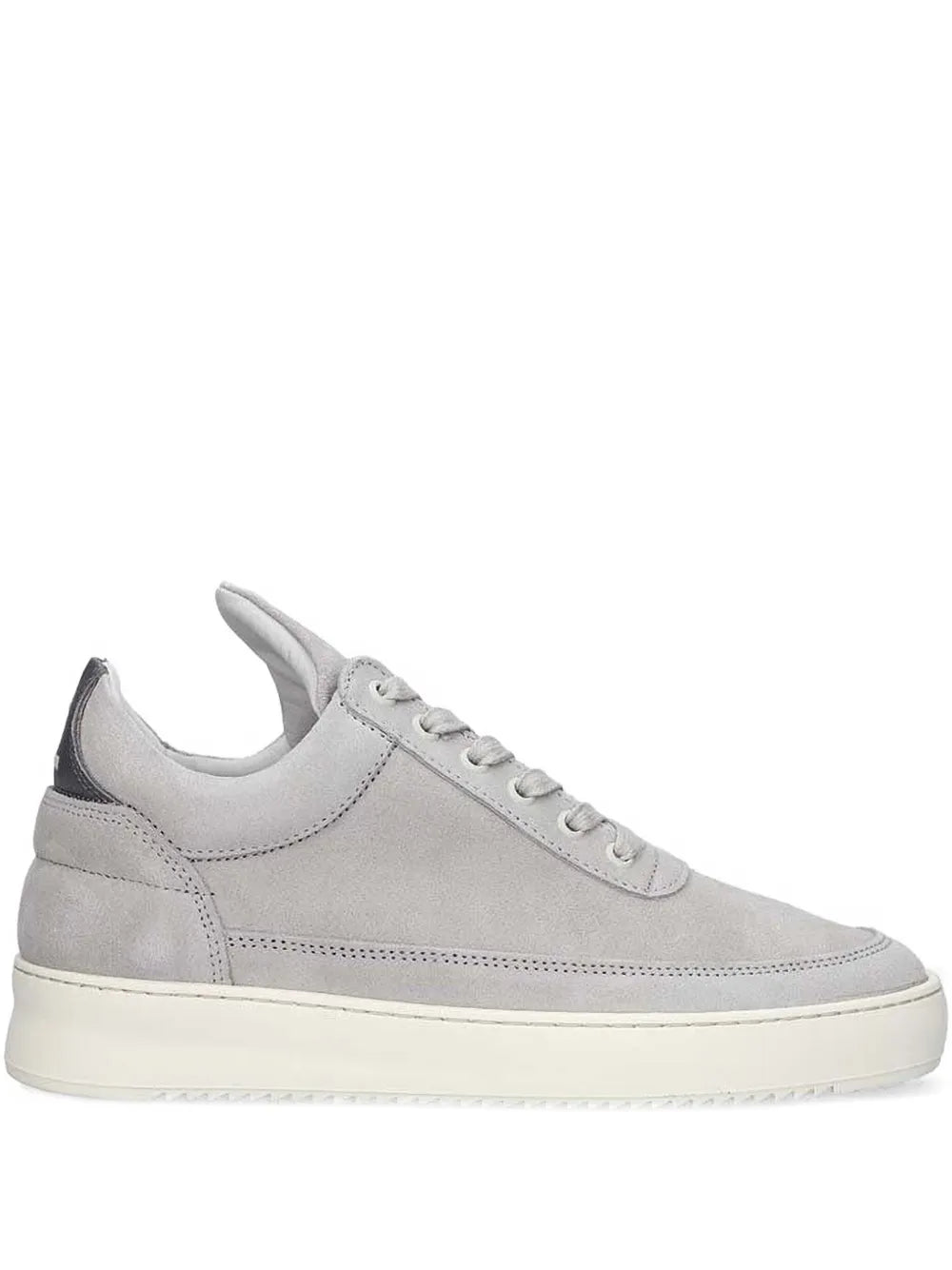 Grey suede low-top sneakers, lace-up with padded collar and cream rubber sole