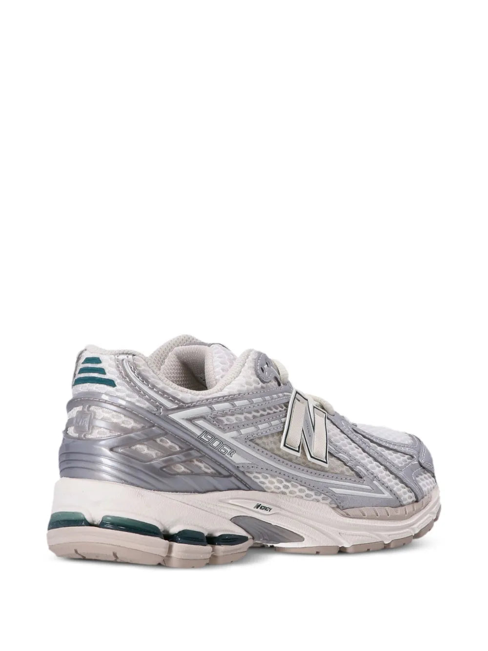 Silver and white panelled sneakers with dark green heel stripe and cushioned sole