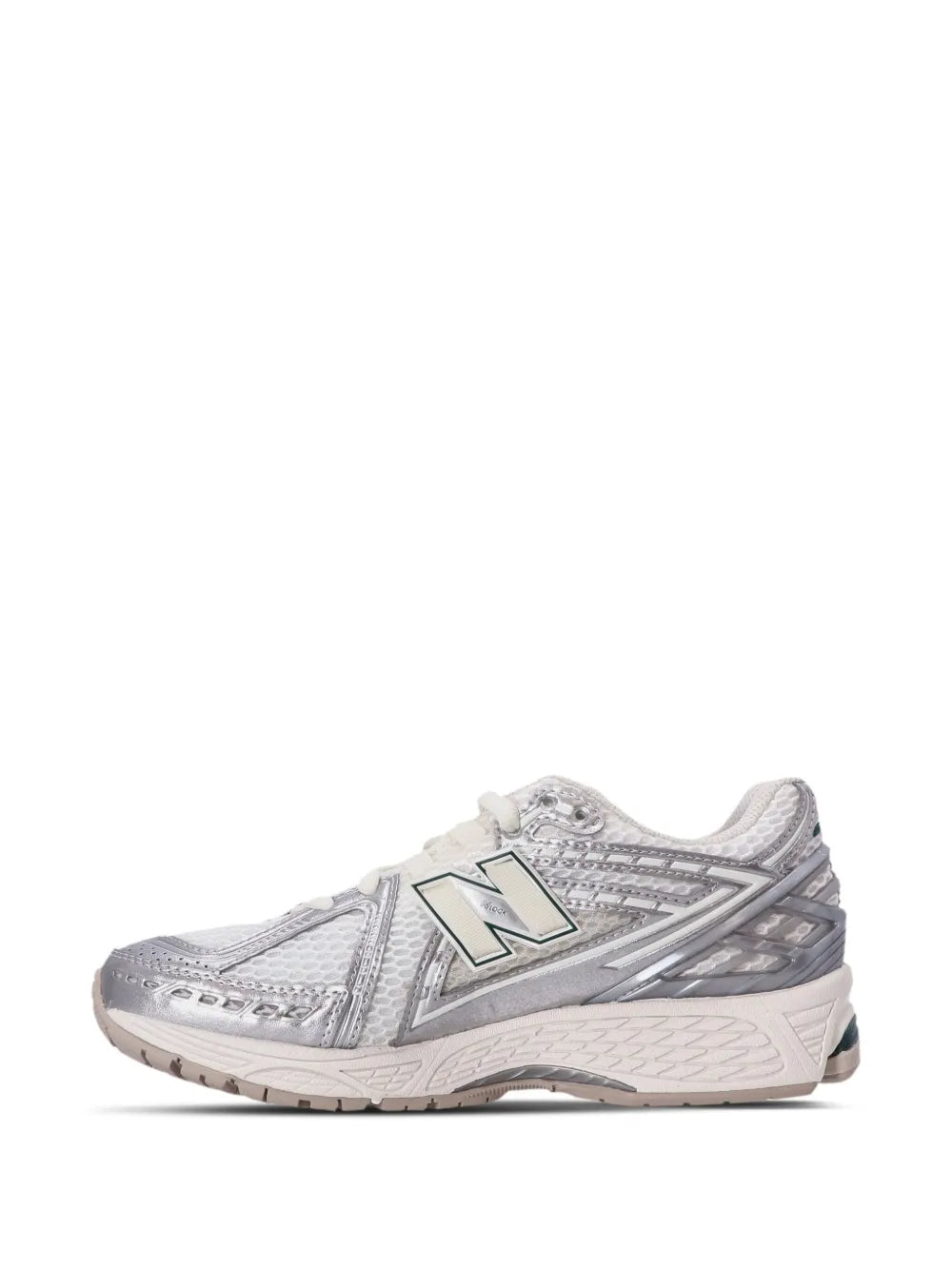 Silver and white panelled sneakers with cream outsole and lace-up front