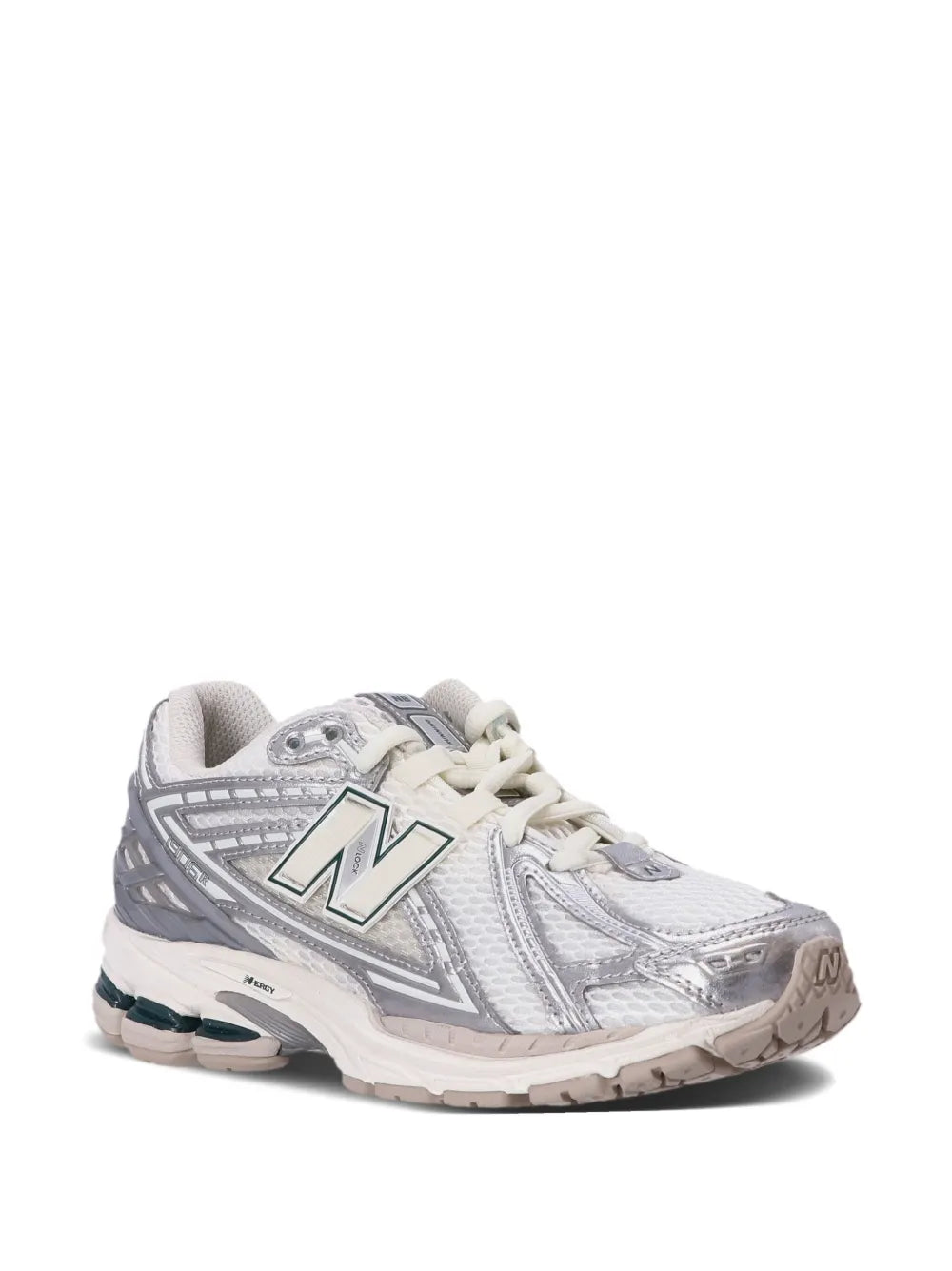 White and silver panelled sneakers with large N logo and lace-up closure