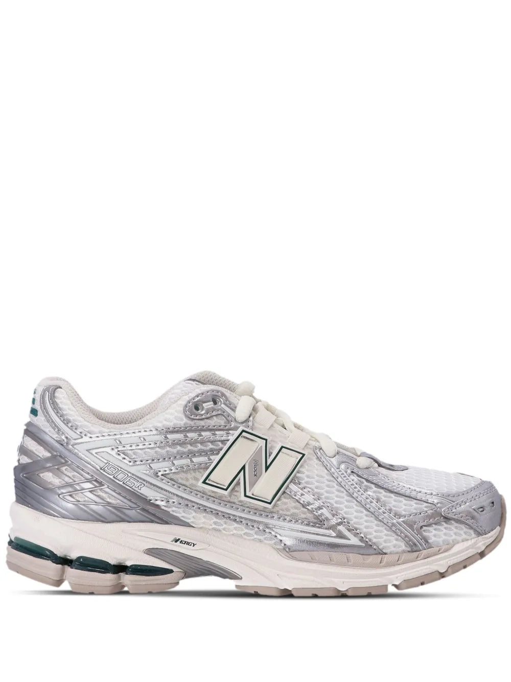 New Balance 1906R panelled sneakers, white and silver with dark green sole accents
