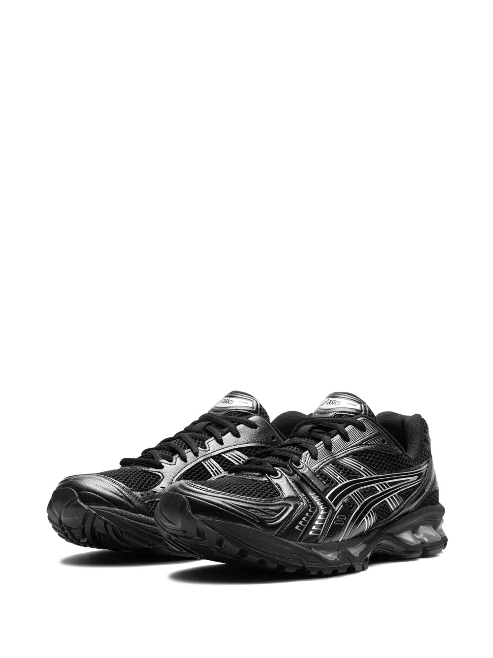 Black running shoes pair, 3/4 front view, silver panel details