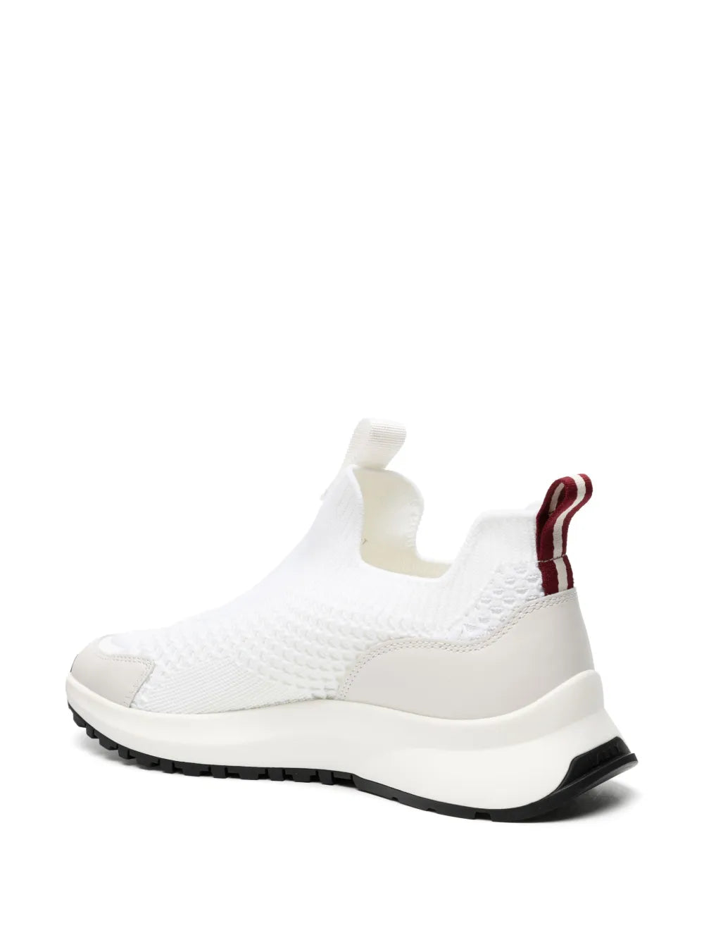 Off-white slip-on sneakers, textured upper, black tread sole, burgundy heel detail