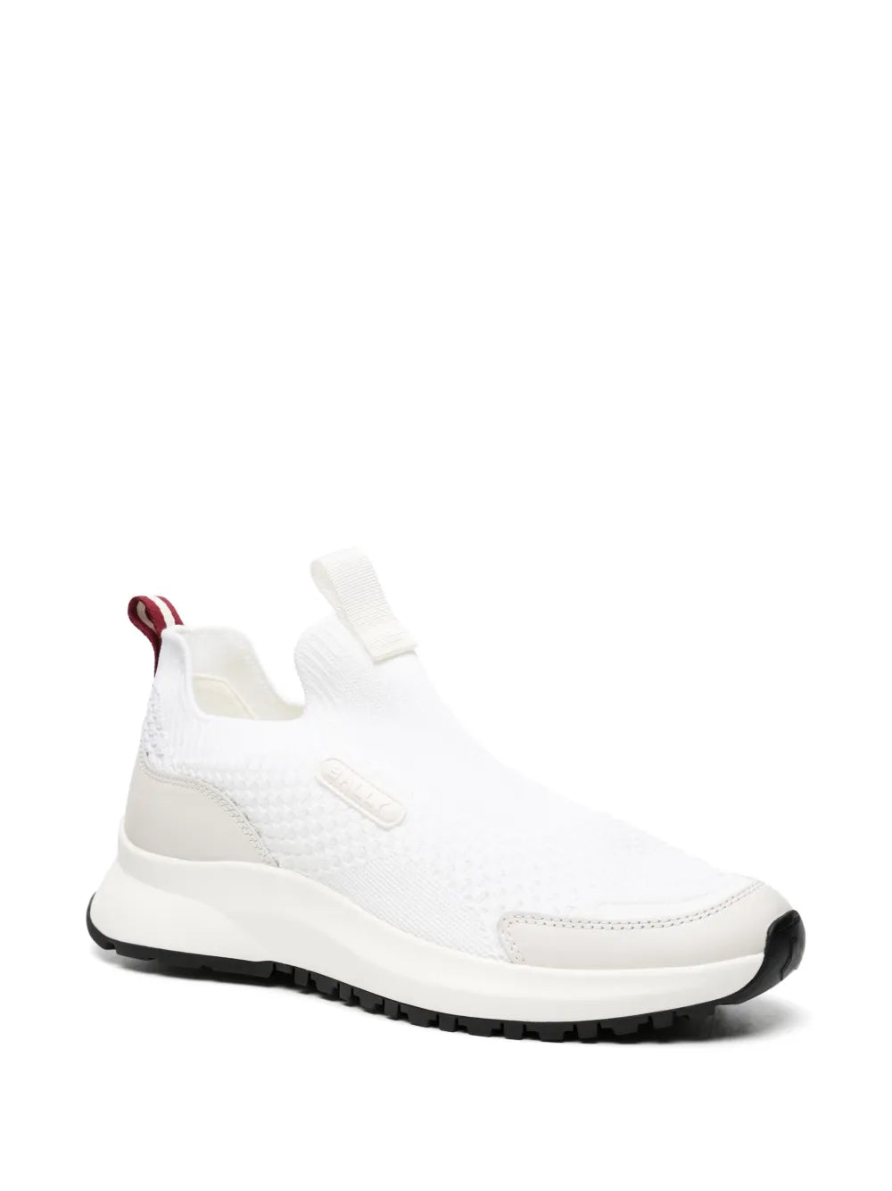 Off-white slip-on sneakers with logo patch, black sole, and burgundy heel pull