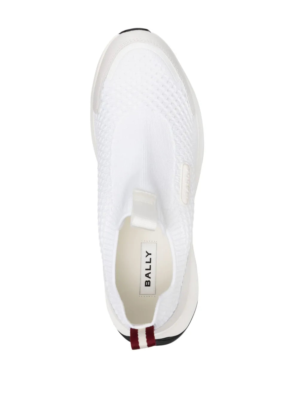 Off-white Bally sneakers side view with logo patch on insole and burgundy heel edge
