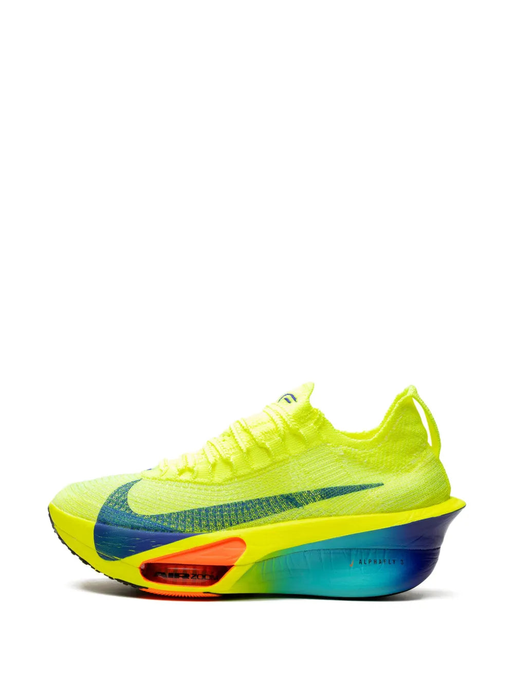 Lime running shoes with blue swoosh stripe and orange heel window on midsole