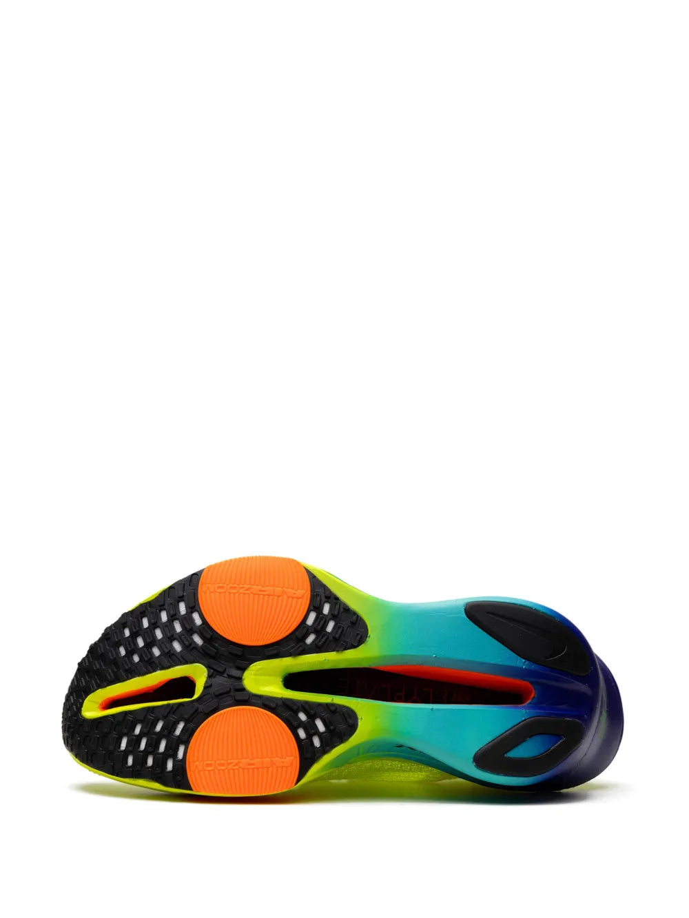 Running shoe outsole view: textured black tread with orange pods and blue accents