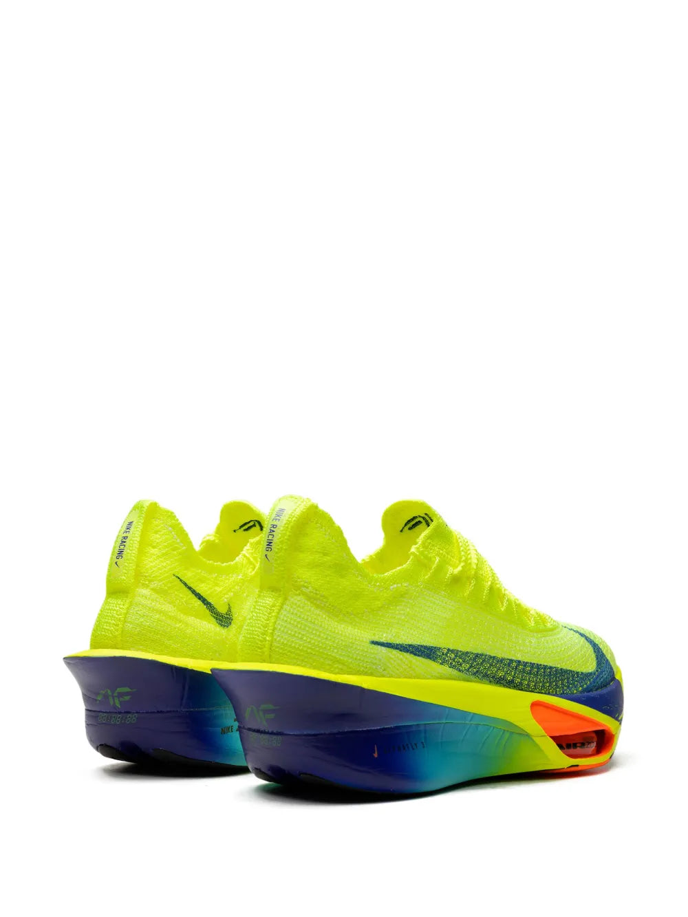 Lime racing running shoes, mesh upper, blue swoosh, orange heel cutout