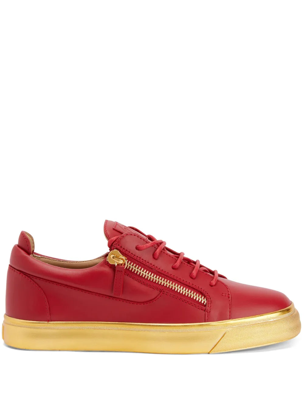 Red low-top sneakers with double zippers, lace-up front, and gold-tone hardware