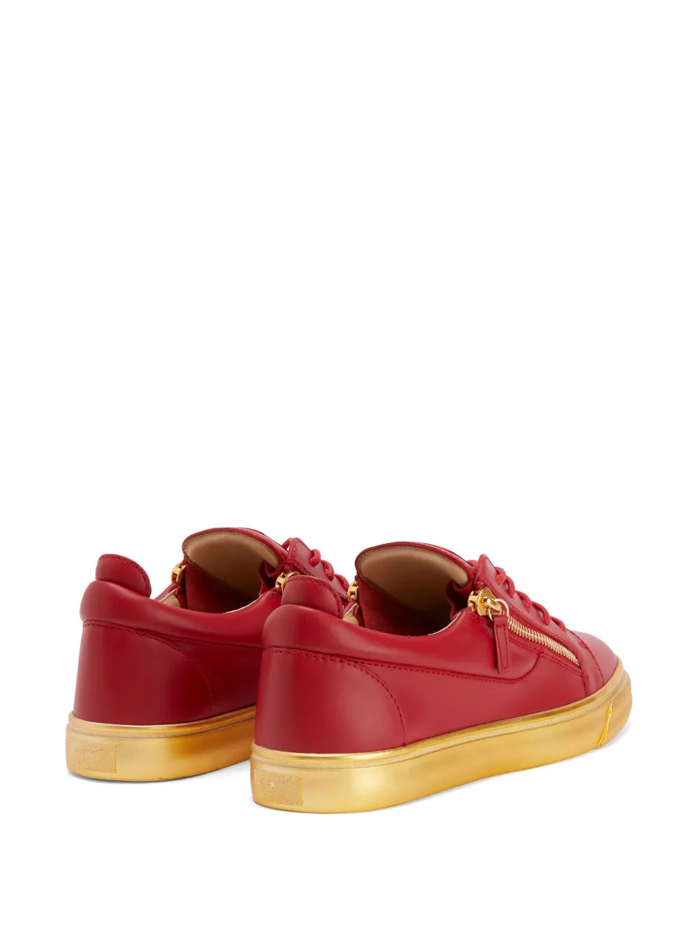 Back view red low-top sneakers with double zippers and lace-up design, yellow sole