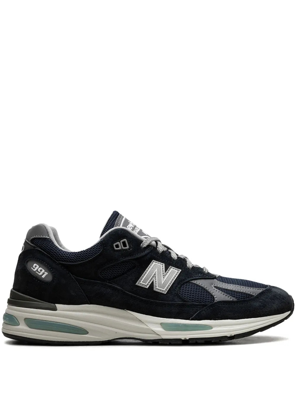 New Balance 991V2 suede sneaker, dark upper with N logo and teal/grey midsole