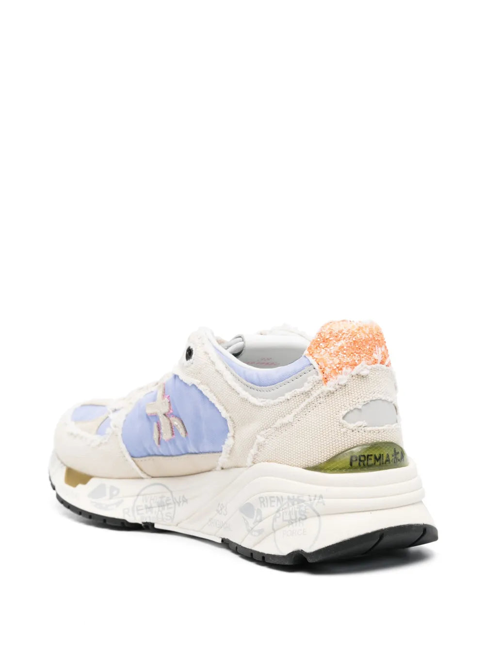 Beige and light blue sneakers with orange glitter heel patch and cushioned sole