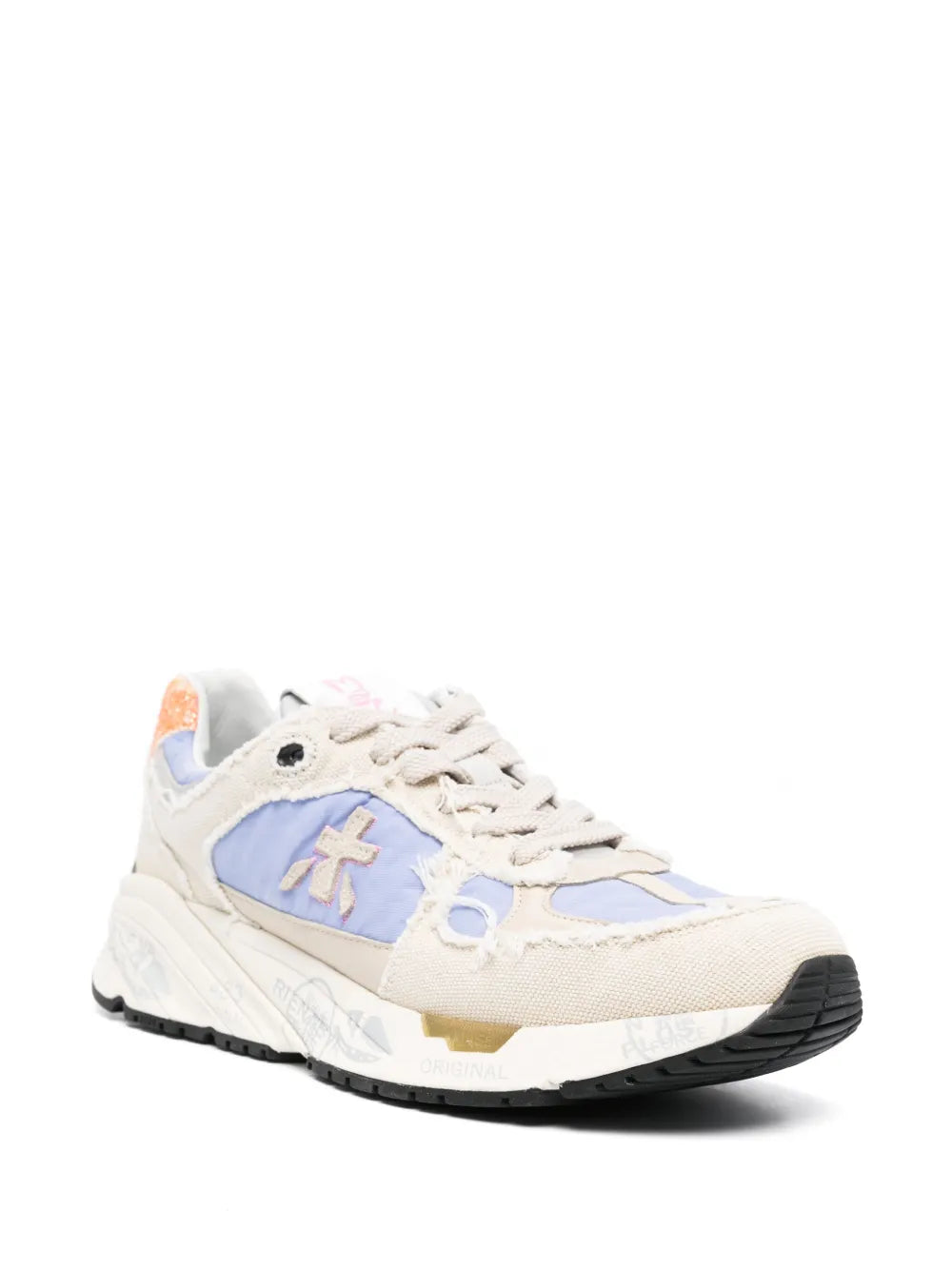 Beige panelled sneakers with light blue side panel, white laces, black sole