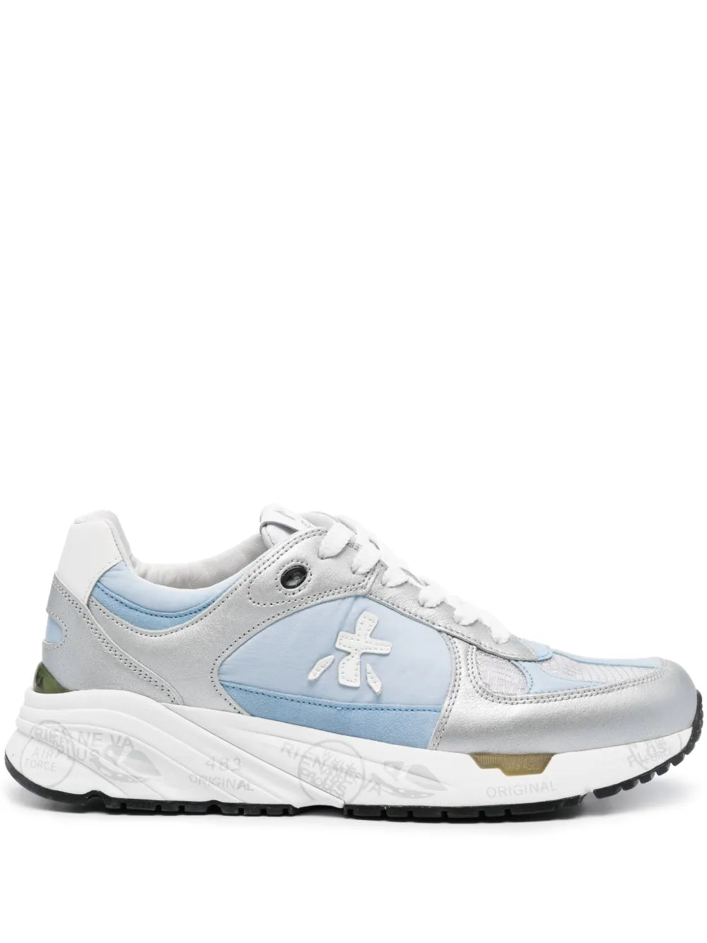 Premiata Mased leather sneaker in grey with light blue side panels, white laces