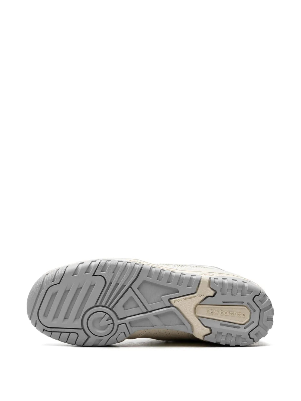 New Balance 550 white/cream sneaker outsole, tread pattern with gray and tan inserts