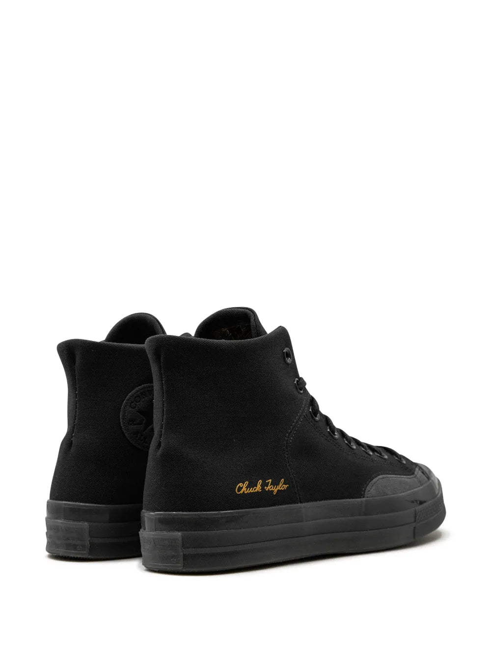 Back view of black high-top sneaker with lace-up closure and heel label