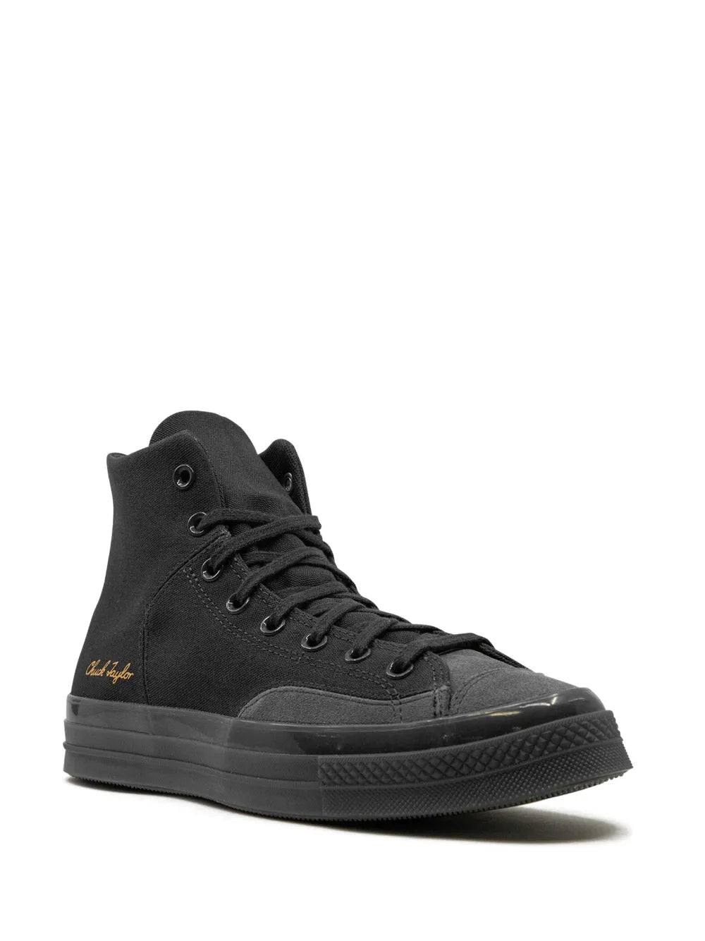 Black high-top sneaker in side view with lace-up closure and textured rubber sole