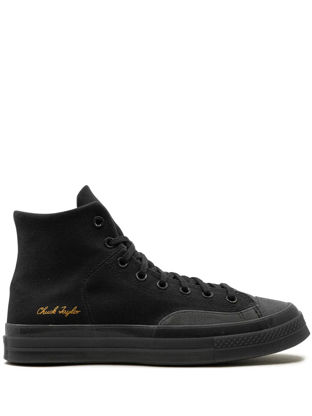 Black high-top sneaker with lace-up front, rubber sole, and gold side logo