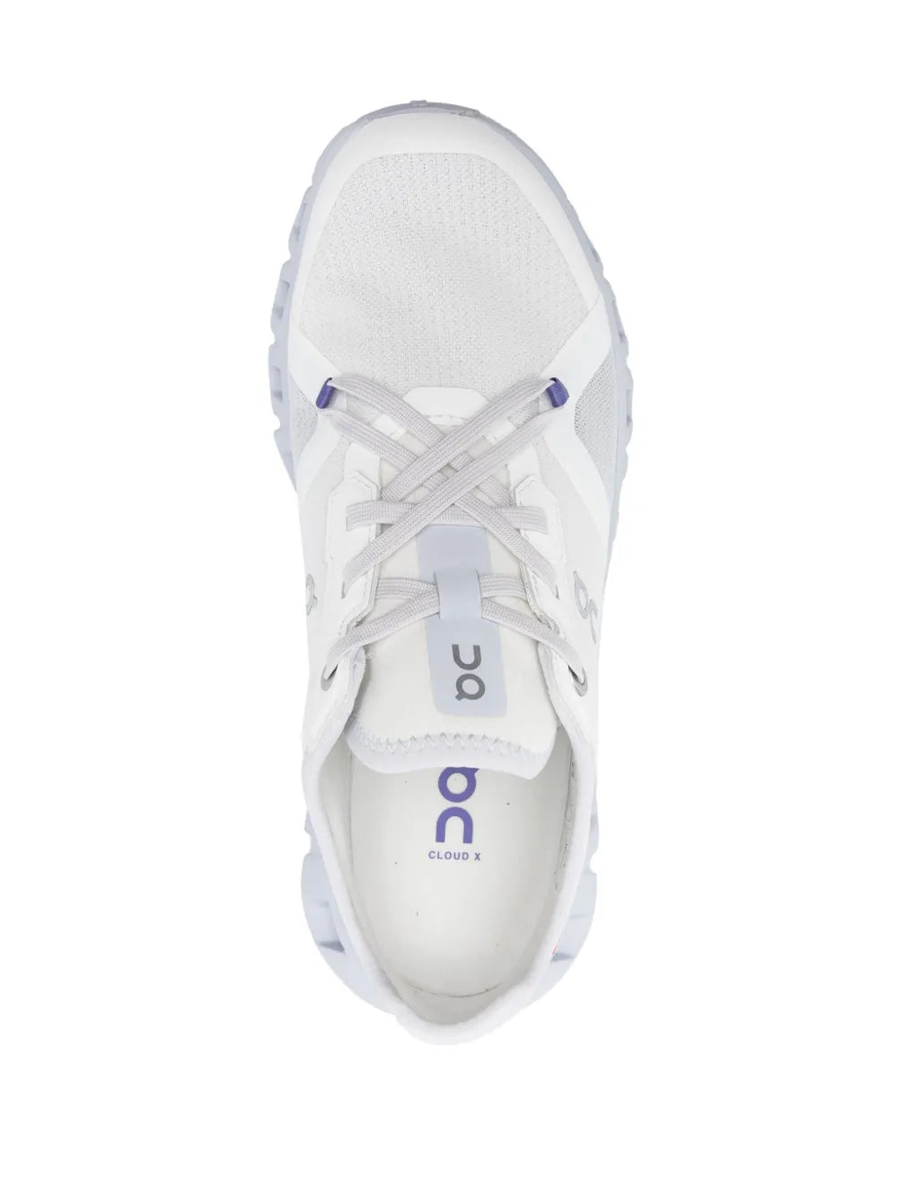 On Cloud X 3 shoe top view, white mesh upper with laces and blue heel detail