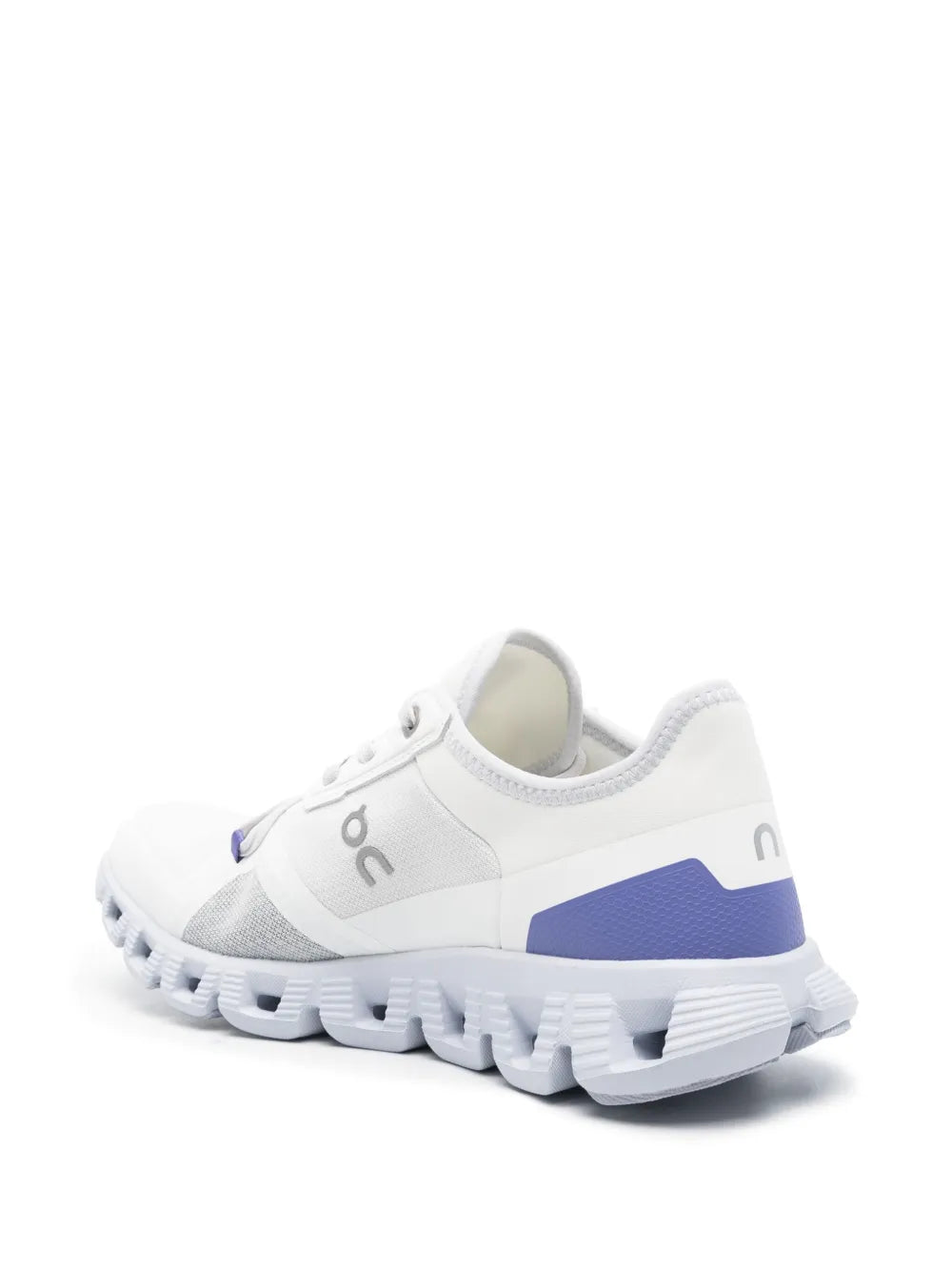 On Cloud X 3 running shoe, white with blue heel block and chunky CloudTec sole
