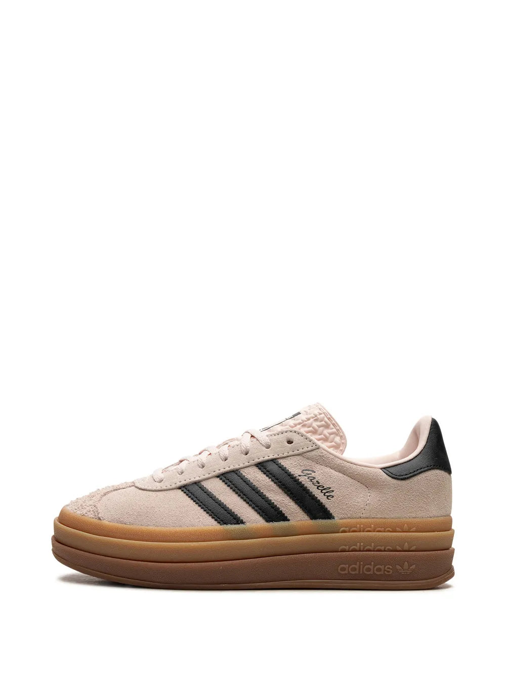 Gazelle Bold sneakers, side view; tan upper, black stripes, gum sole