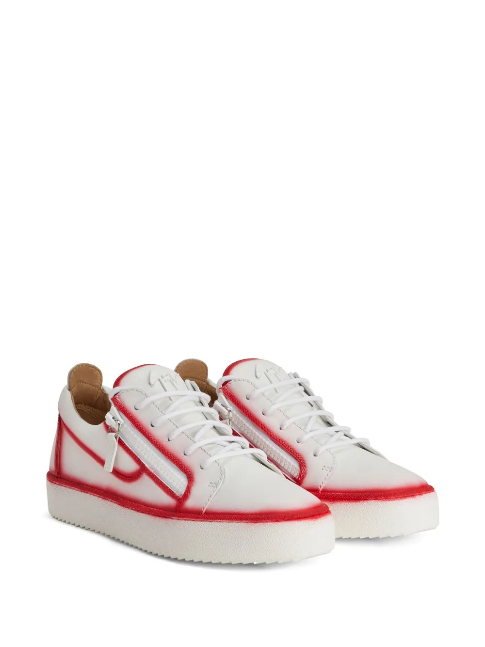 White and red low-top sneakers, side view with double zips and stitched trim