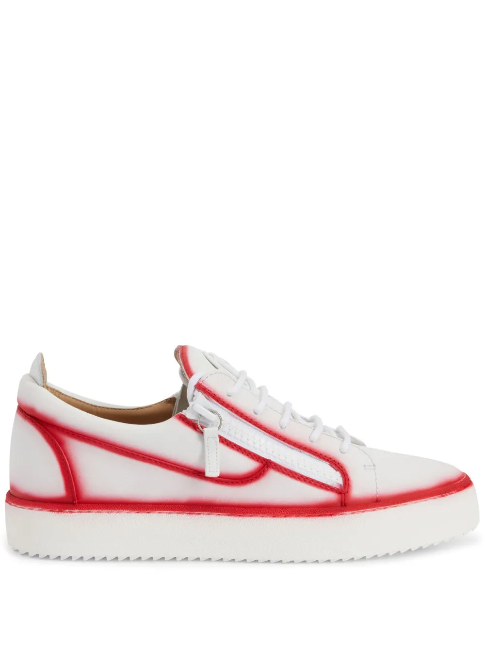 White and red low-top sneakers with double zips and seam detail