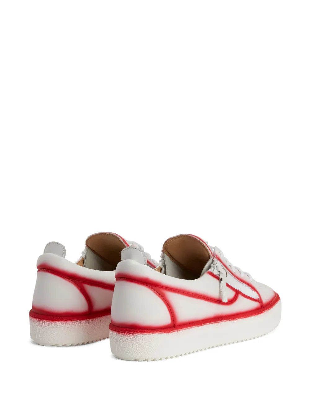 White and red low-top sneakers with double zips, rear view and padded collar