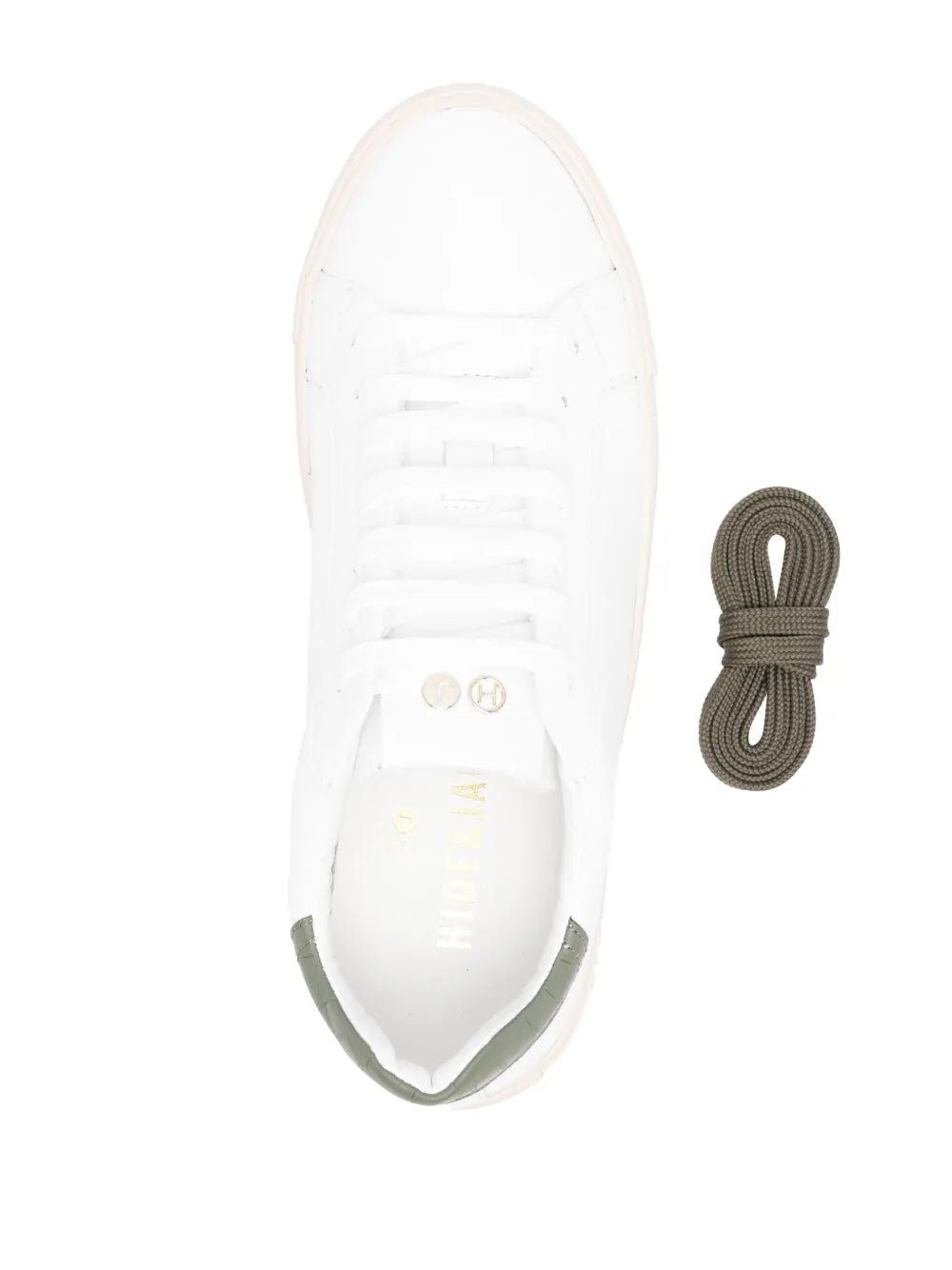 White sneakers with olive-green laces and rubber sole, open top view