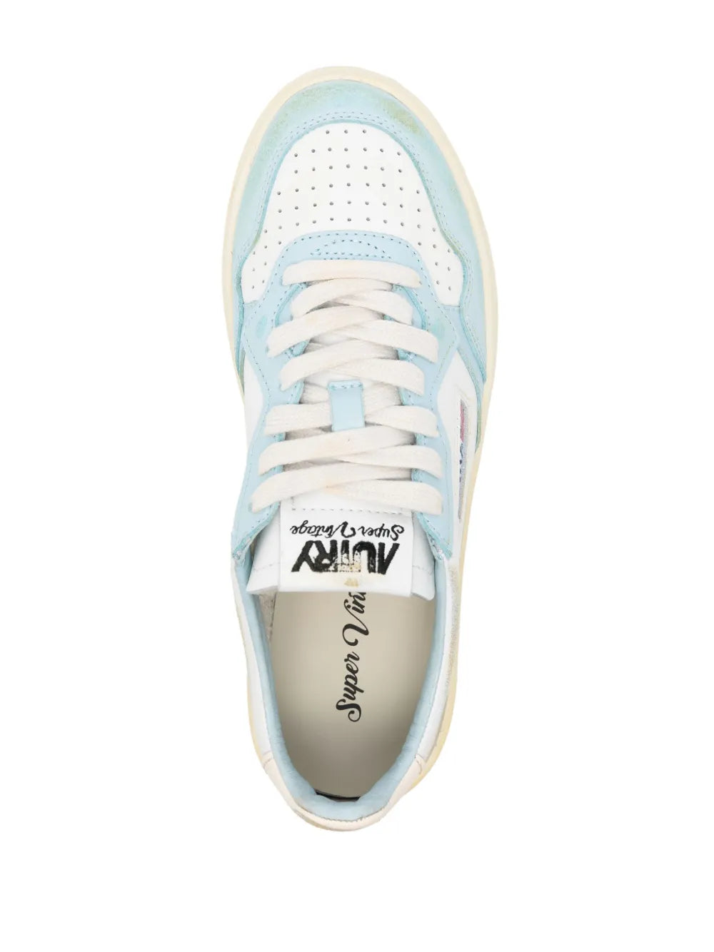 Autry distressed leather sneaker, lace-up top view with perforated toe, blue/white
