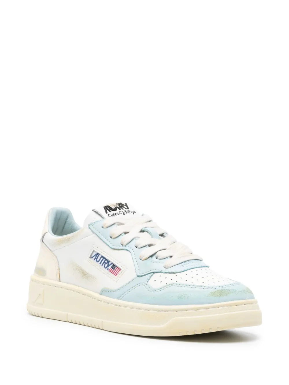 Autry distressed leather sneaker with light blue side panels and logo patch, lace-up