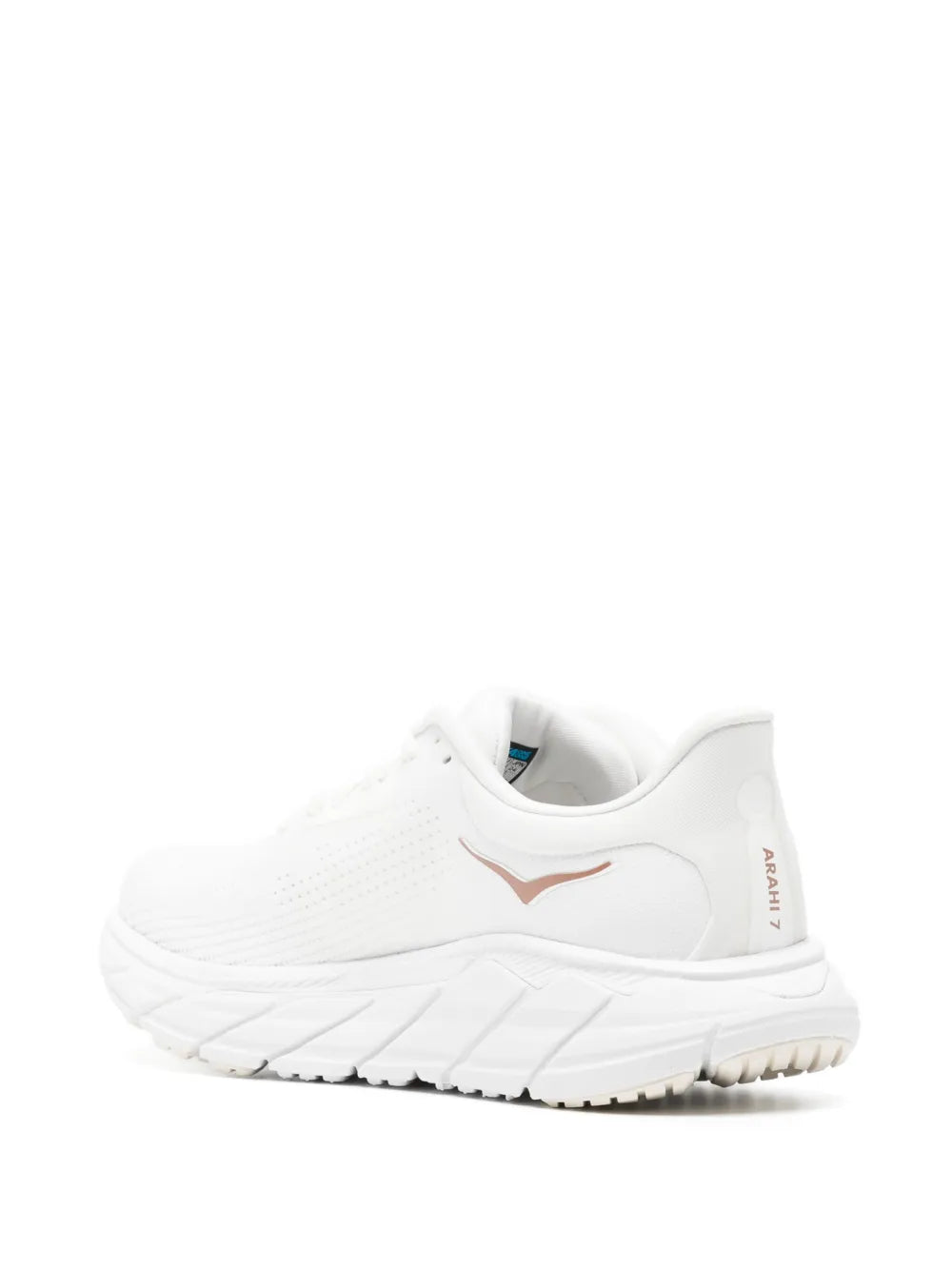 White HOKA logo-print sneakers, side and heel view with cushioned sole