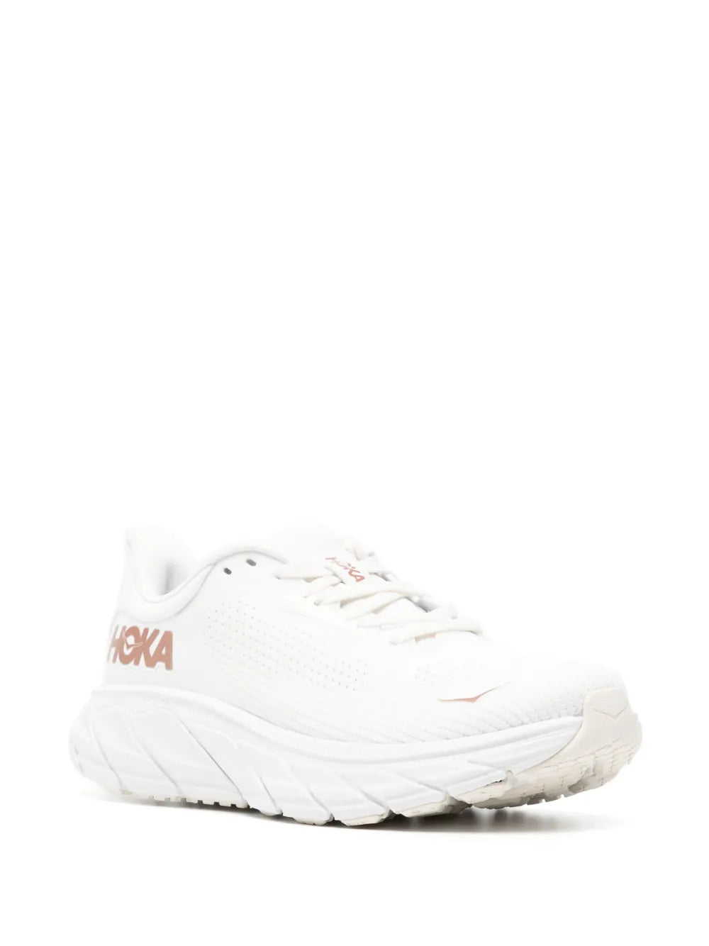 White HOKA logo-print sneakers, angled side view with knit texture and laces