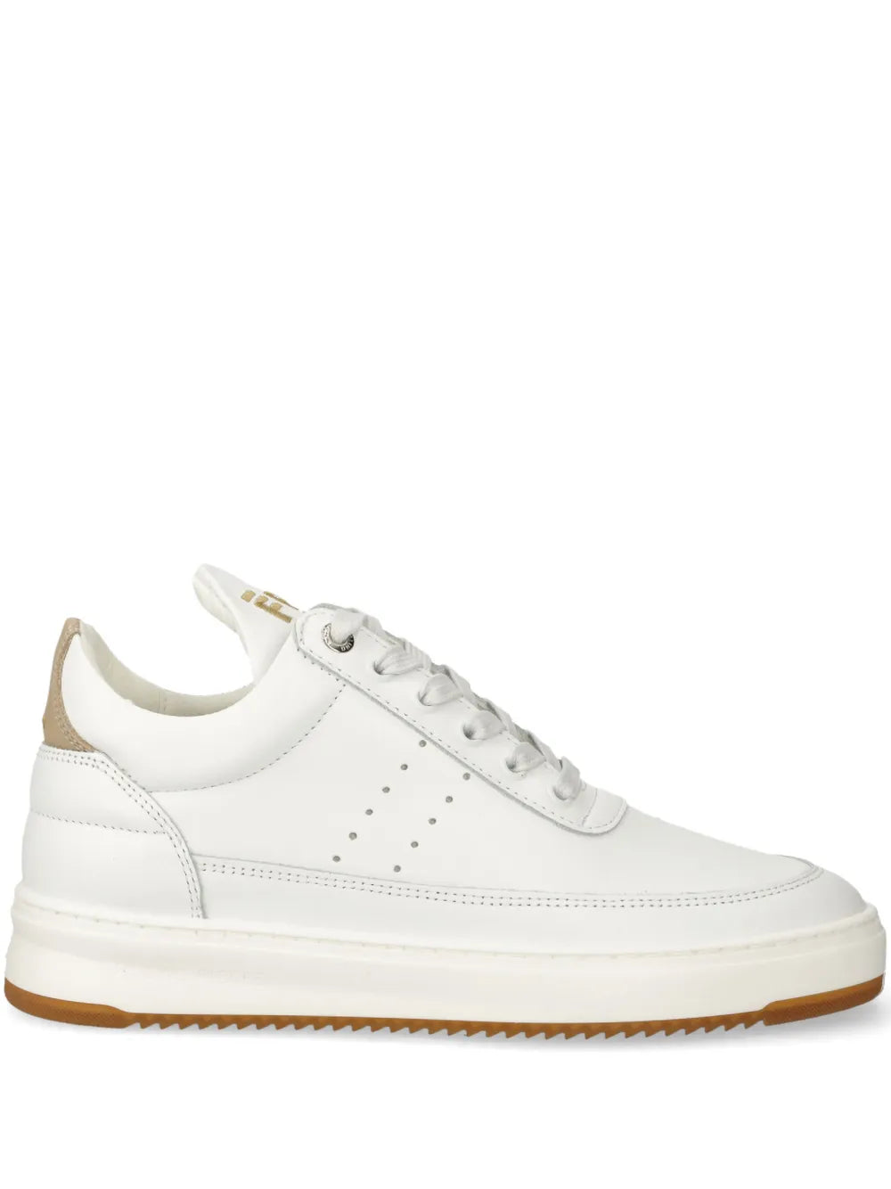 White low-top sneakers, lace-up with perforated toe and tan gum sole
