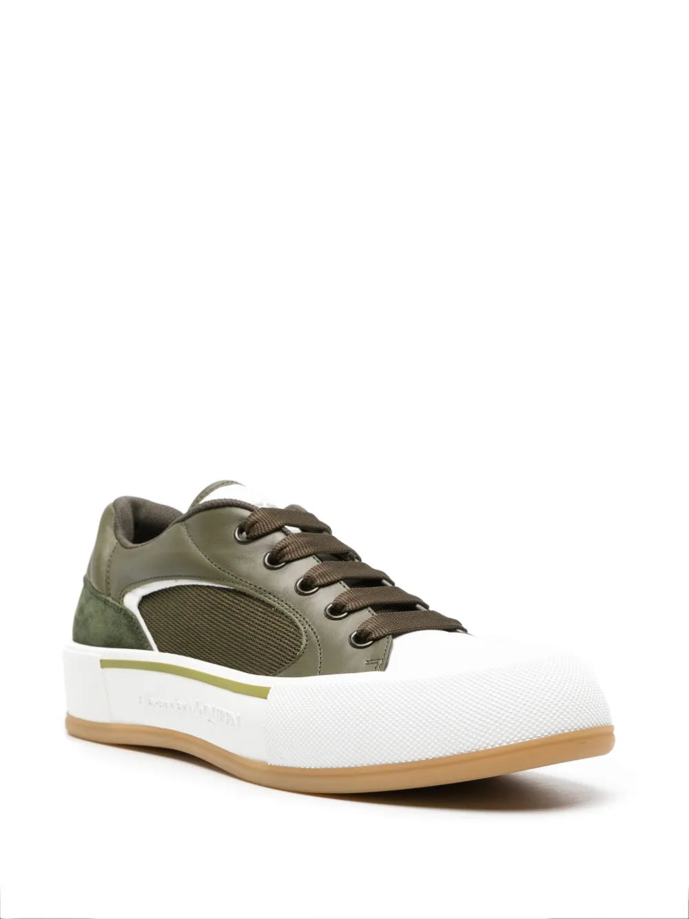 Alexander Mcqueen deck plimsoll leather sneakers, olive and white, three-quarter front view