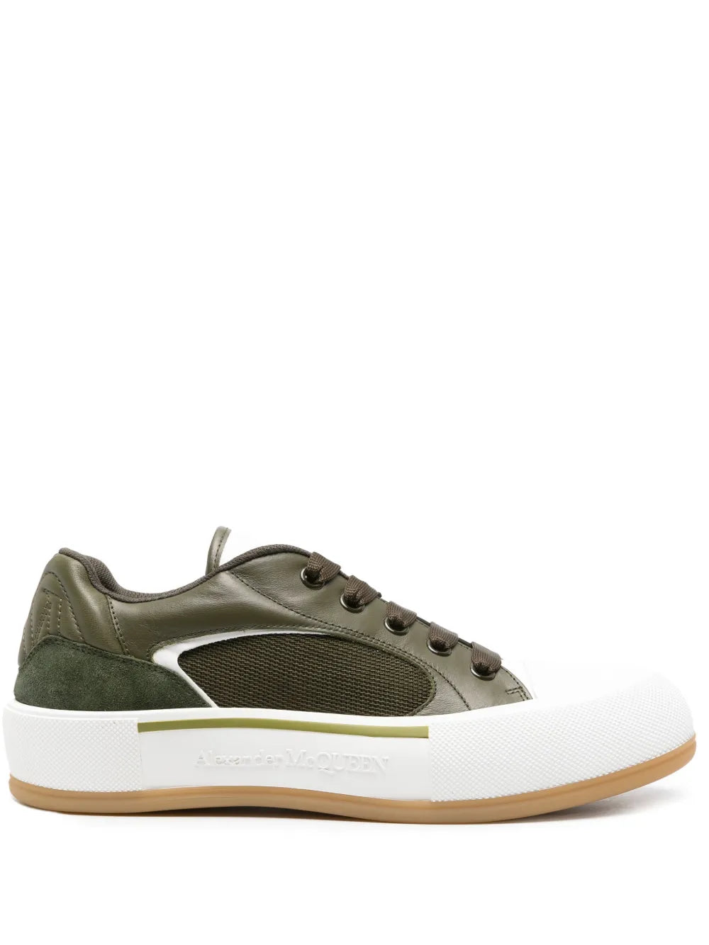 Alexander Mcqueen deck plimsoll leather sneakers, olive green and white, side view