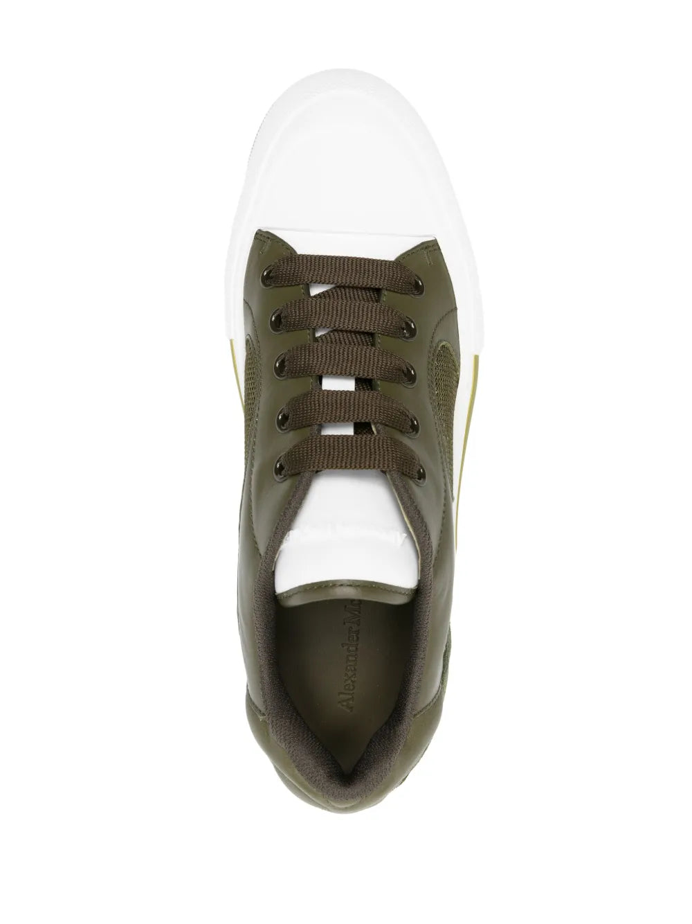 Alexander Mcqueen deck plimsoll leather sneakers, olive lace-up front view, white sole