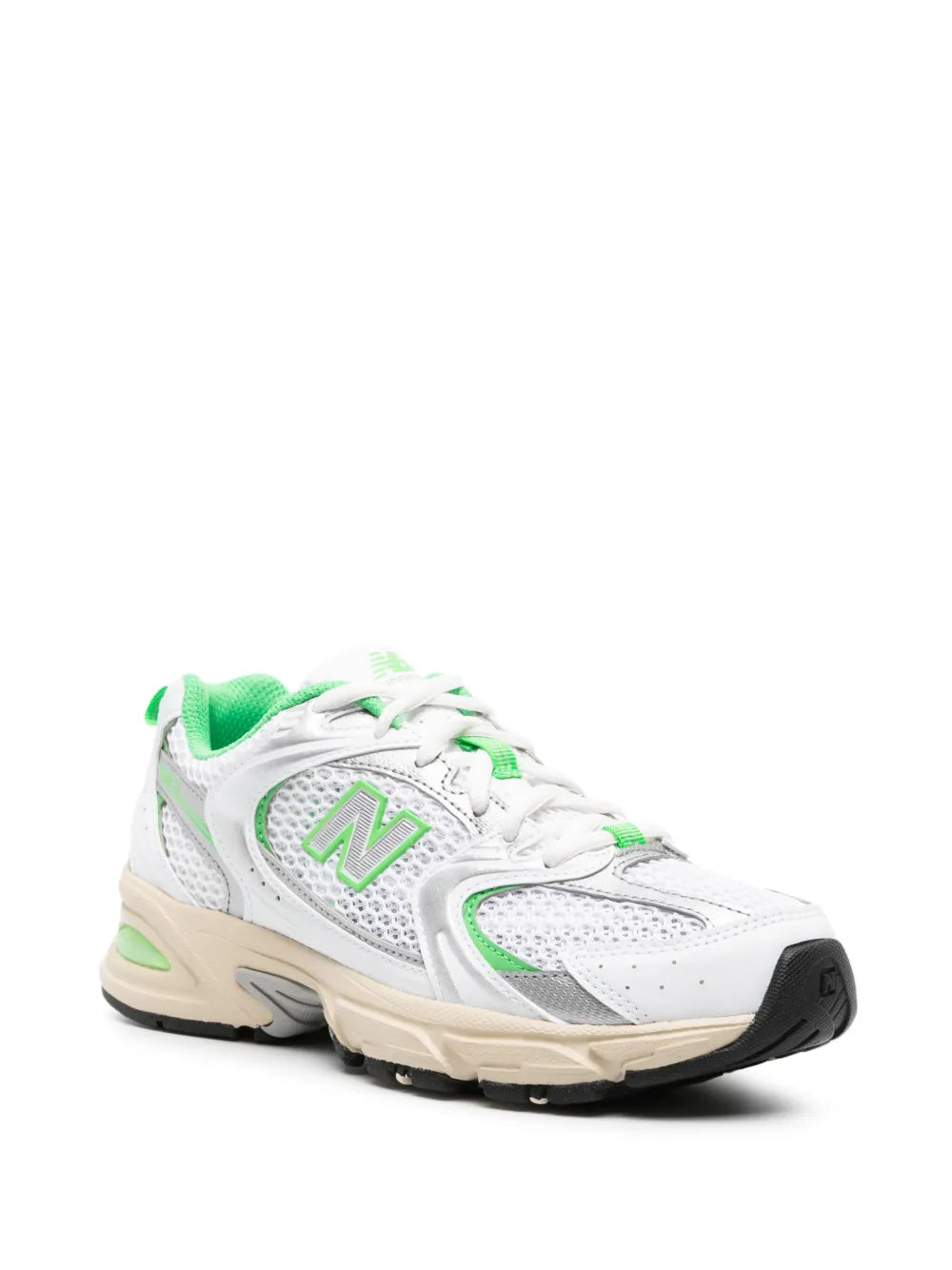 White & lime green mesh-panelled sneakers, front three-quarter view, lace-up
