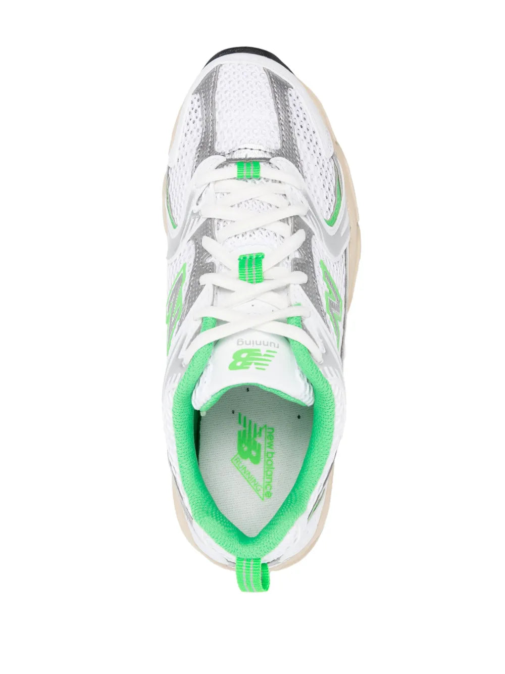 White mesh sneaker with lime green collar lining, laces, and tongue detail