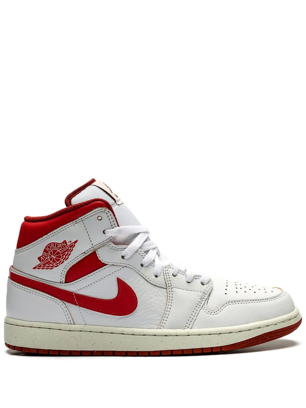 Air Jordan 1 Mid SE white high-top sneakers with red Swoosh and collar