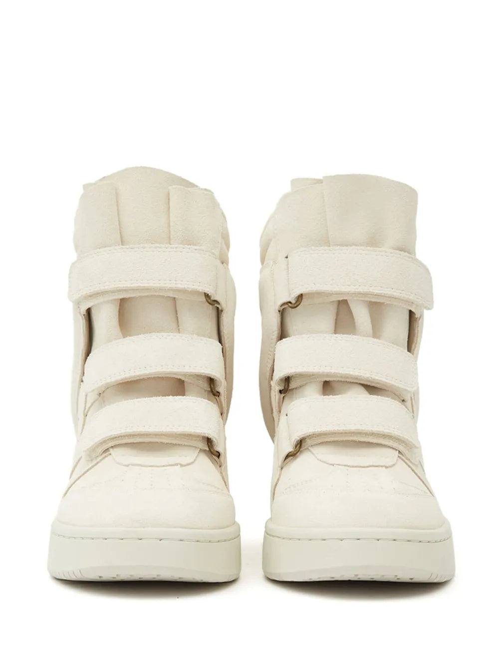 Cream hidden-wedge high-top sneakers with hook-and-loop straps, cuffed collar, thick sole.