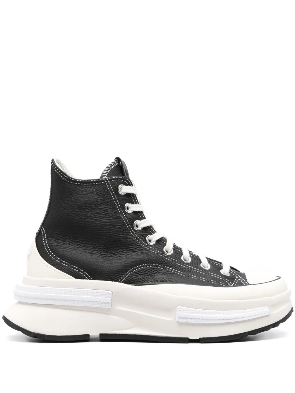 Black high-top sneaker with white platform sole and lace-up front