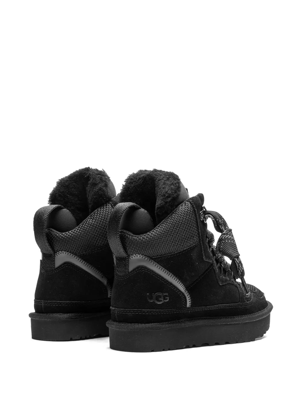 Black suede lace-up boots with shearling heel lining, UGG logo, rear view