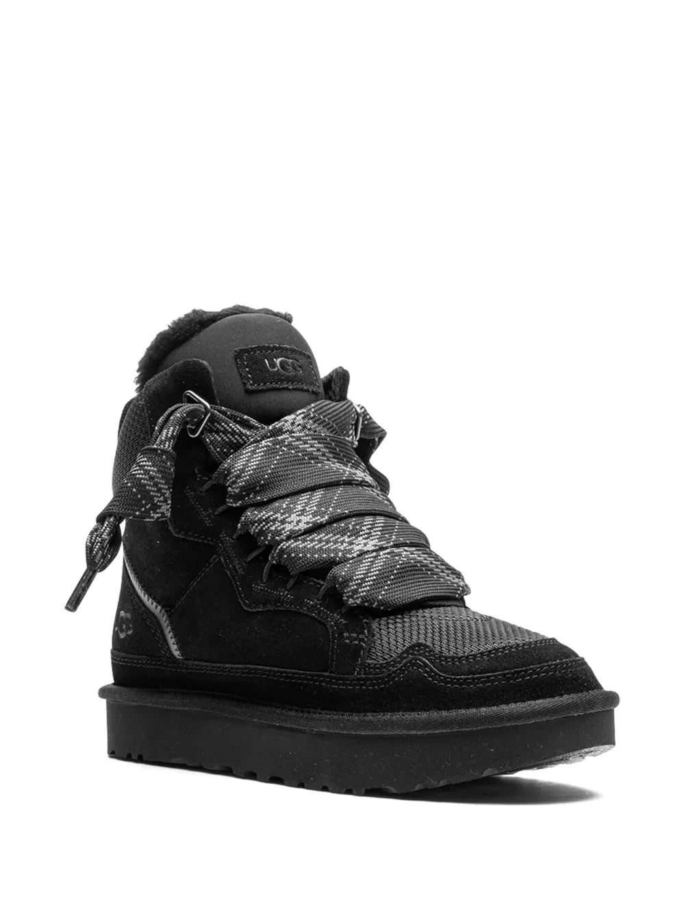Black suede lace-up boots with fuzzy collar, patterned laces, UGG logo
