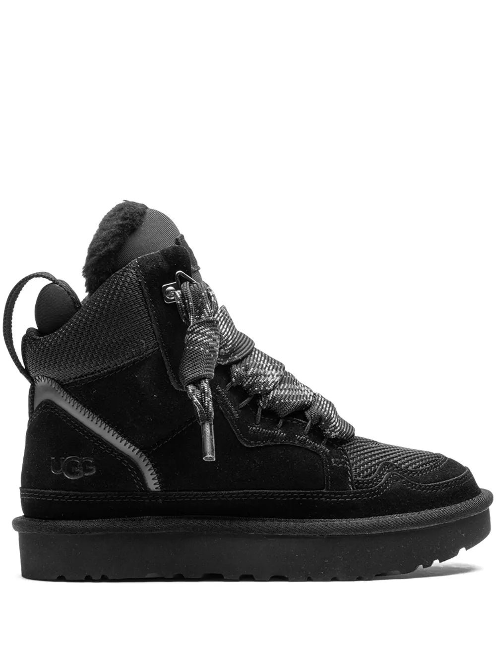 Black suede lace-up winter boots, shearling lining, UGG logo, side view
