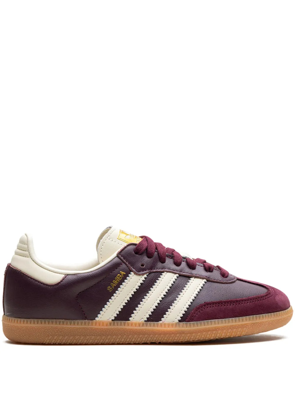 Samba OG sneakers with burgundy suede, white stripes, cream collar, gum sole